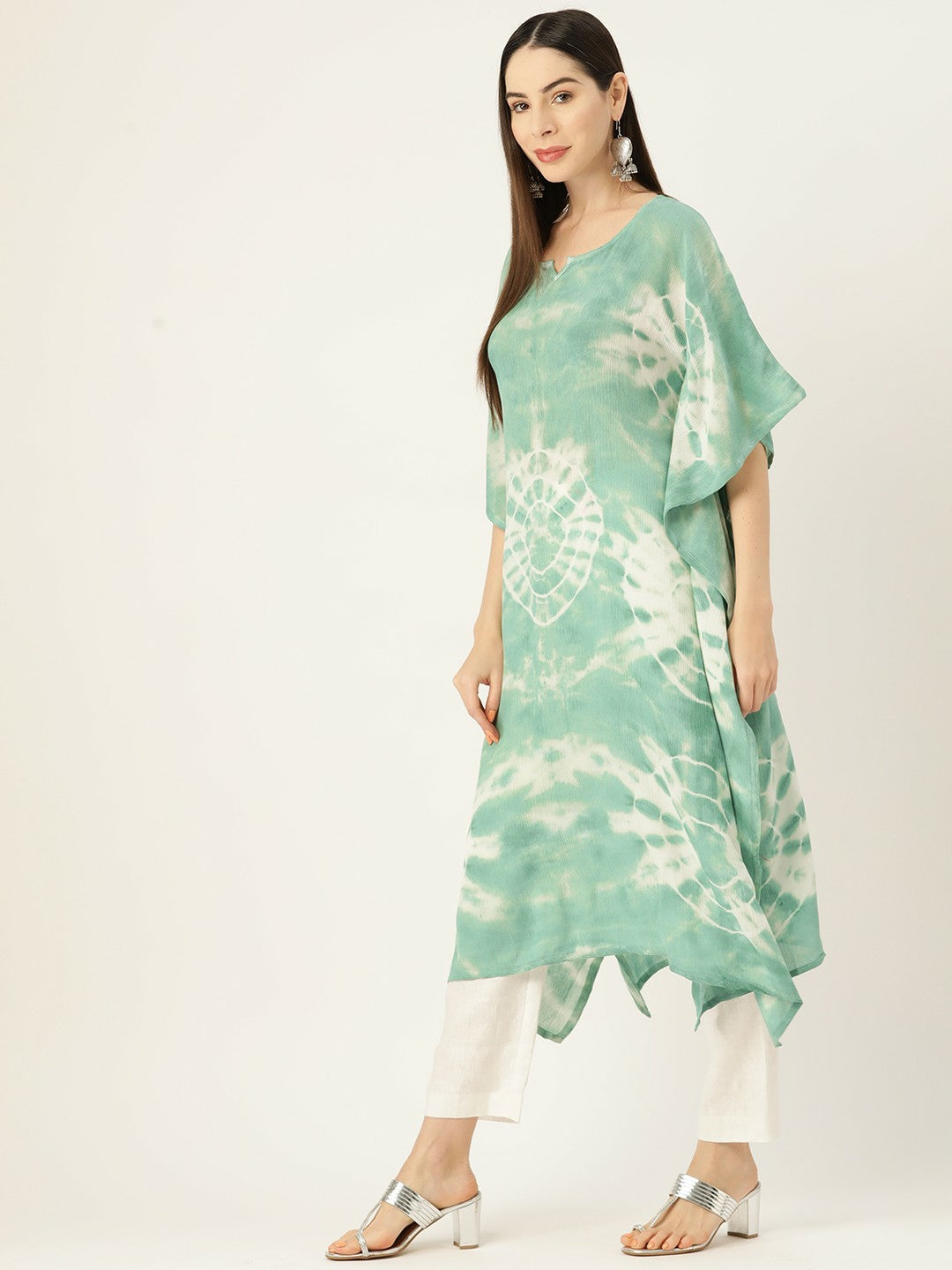 Green Abstract Dyed Crepe Kaftan Kurta for Women – Flared Sleeves, Asymmetric Hem | Indiaista