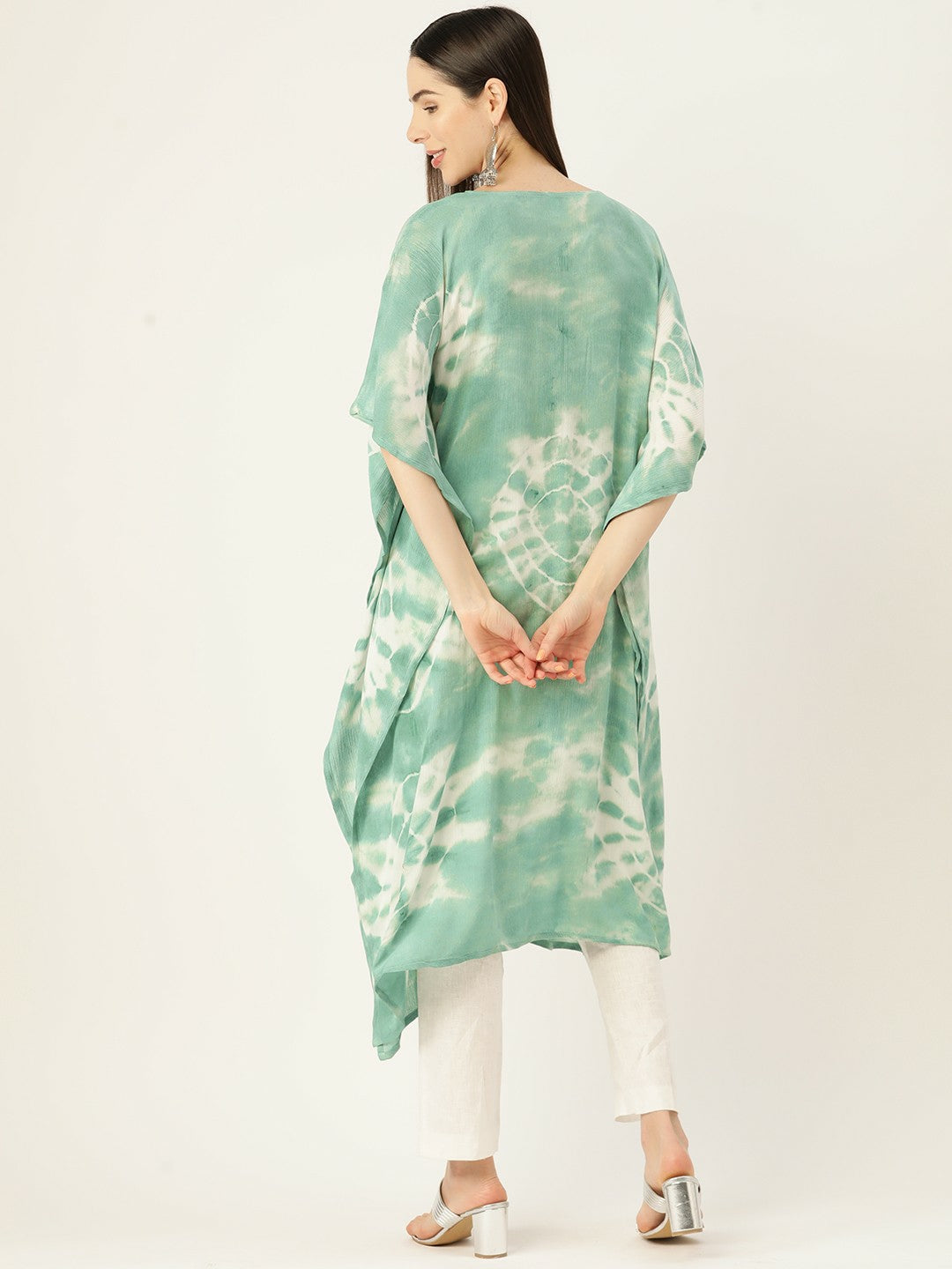 Green Abstract Dyed Crepe Kaftan Kurta for Women – Flared Sleeves, Asymmetric Hem | Indiaista