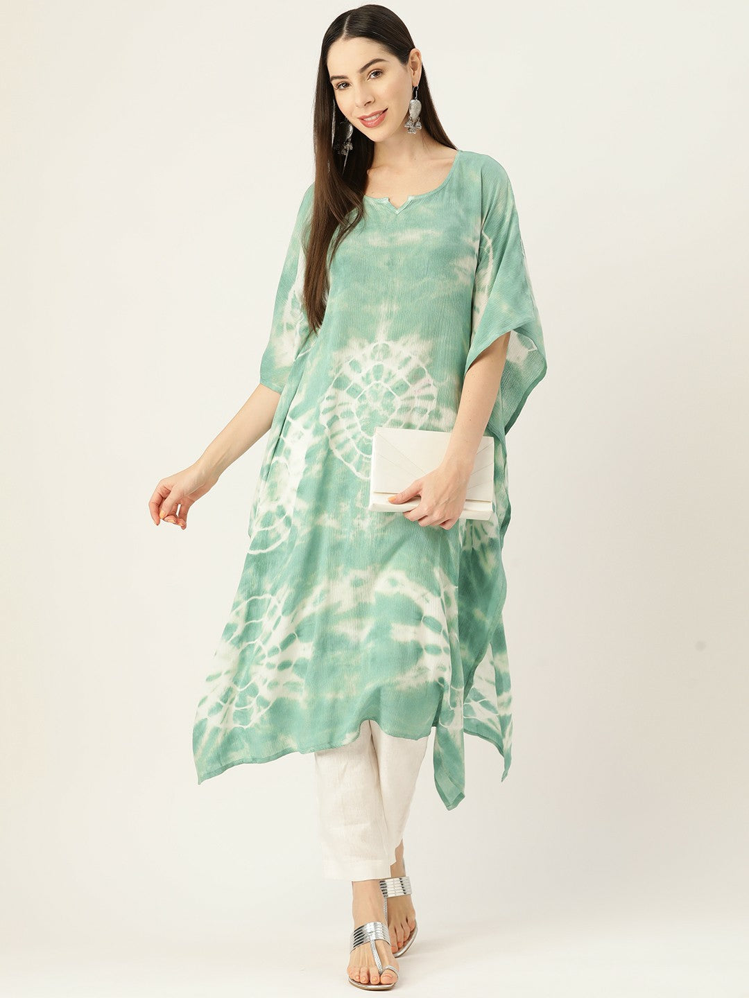 Green Abstract Dyed Crepe Kaftan Kurta for Women – Flared Sleeves, Asymmetric Hem | Indiaista