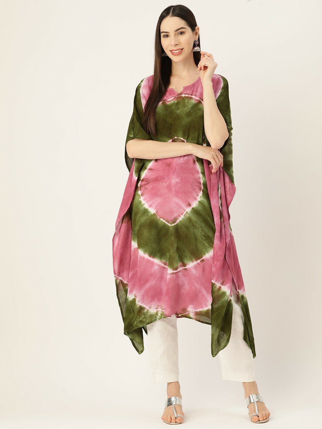 Pink & Green Bandhani Dyed Crepe Kaftan for Women – Calf-Length, Flared Sleeves | Indiaista