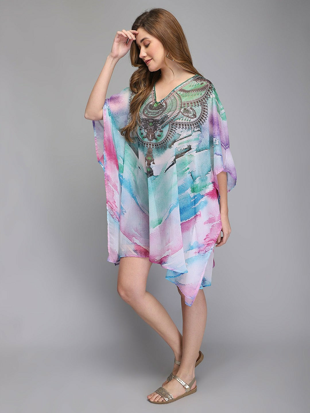 Multicoloured & Grey Abstract Print Kaftan Dress for Women – V-Neck, Flared Sleeves, High-Low Hem | Indiaista