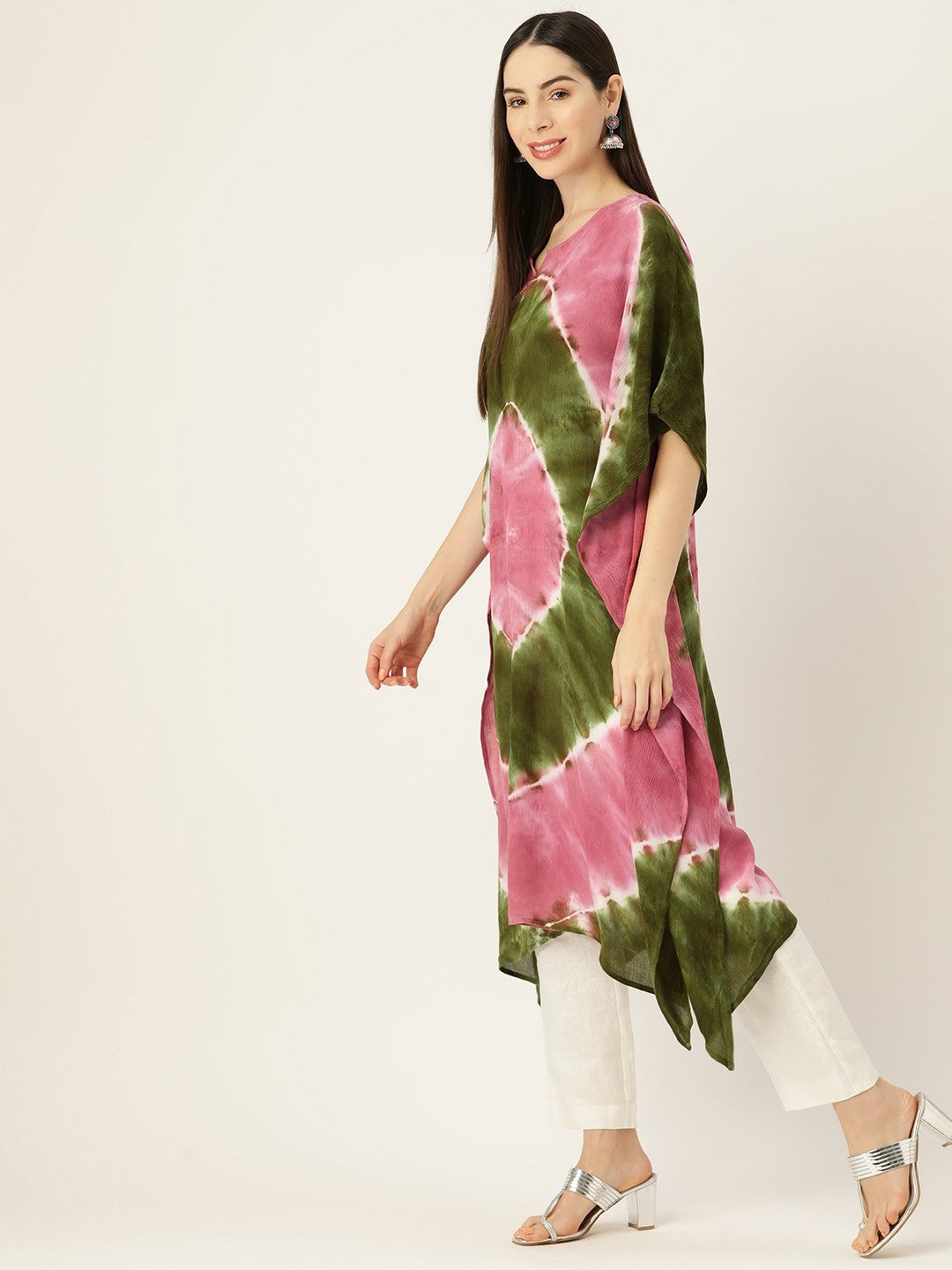 Pink & Green Bandhani Dyed Crepe Kaftan for Women – Calf-Length, Flared Sleeves | Indiaista