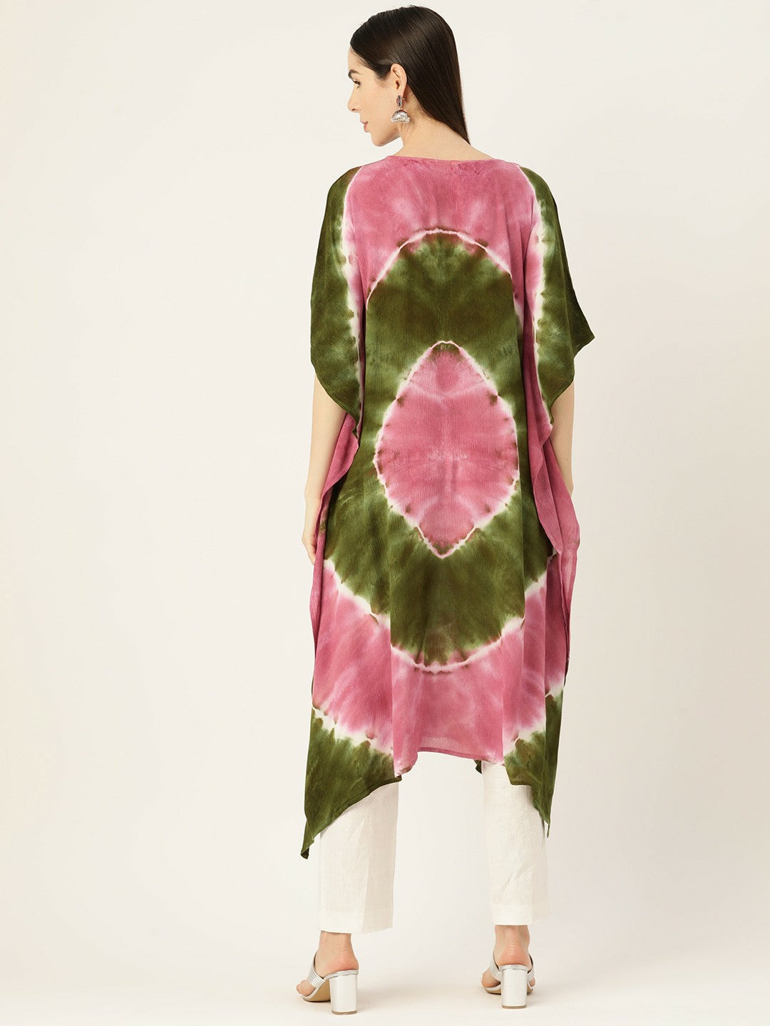 Pink & Green Bandhani Dyed Crepe Kaftan for Women – Calf-Length, Flared Sleeves | Indiaista