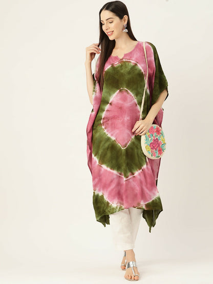 Pink & Green Bandhani Dyed Crepe Kaftan for Women – Calf-Length, Flared Sleeves | Indiaista