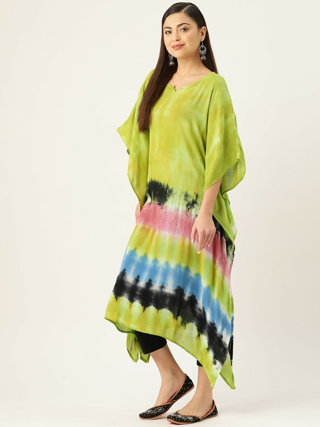 Multicoloured Bandhani Dyed Kaftan Kurta for Women – Crepe, Flared Sleeves, Calf-Length | Indiaista