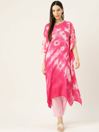 Pink & White Bandhani Dyed Kaftan Kurta for Women – Crepe, Flared Sleeves, Calf Length | Indiaista