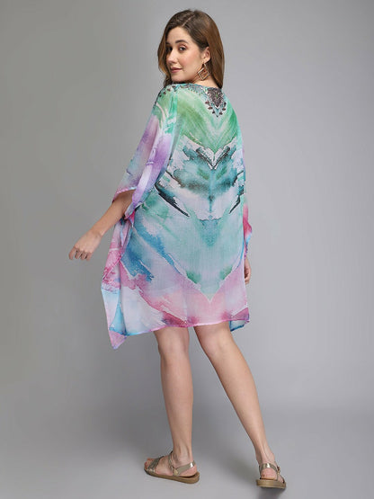 Multicoloured & Grey Abstract Print Kaftan Dress for Women – V-Neck, Flared Sleeves, High-Low Hem | Indiaista