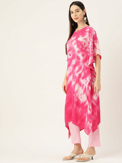 Pink & White Bandhani Dyed Kaftan Kurta for Women – Crepe, Flared Sleeves, Calf Length | Indiaista