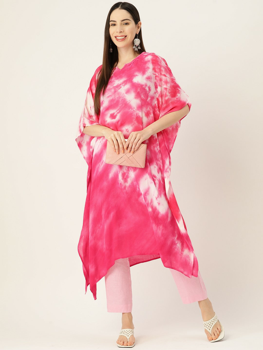 Pink & White Bandhani Dyed Kaftan Kurta for Women – Crepe, Flared Sleeves, Calf Length | Indiaista