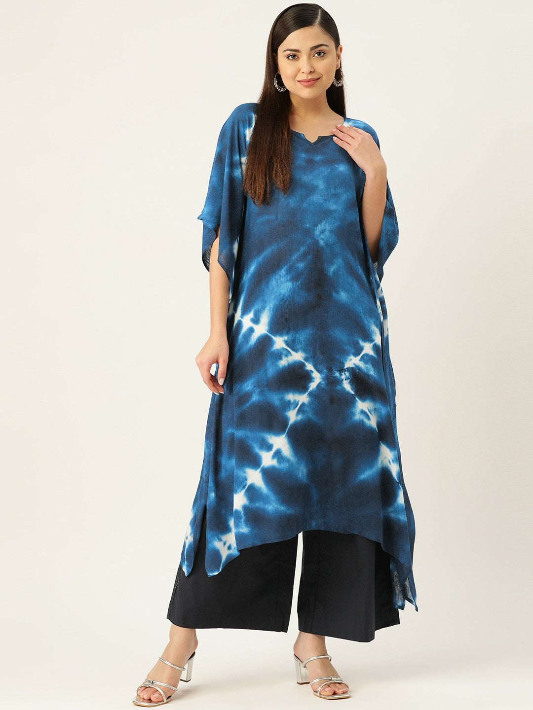 Blue Bandhani Dyed Crepe Kaftan for Women – Flared Sleeves, Calf Length, Ethnic Kurta | Indiaista