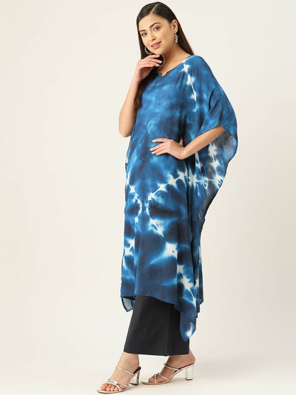 Blue Bandhani Dyed Crepe Kaftan for Women – Flared Sleeves, Calf Length, Ethnic Kurta | Indiaista