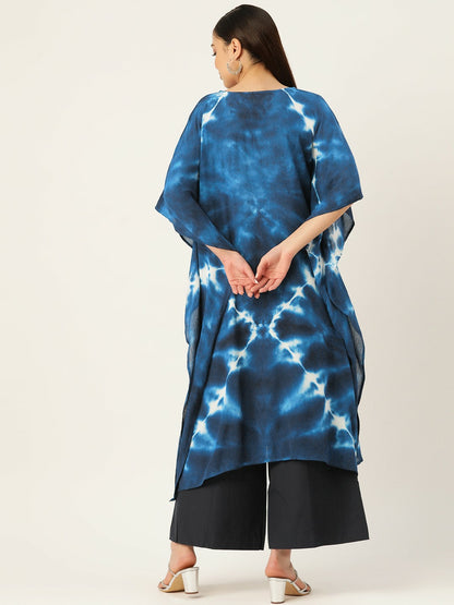 Blue Bandhani Dyed Crepe Kaftan for Women – Flared Sleeves, Calf Length, Ethnic Kurta | Indiaista