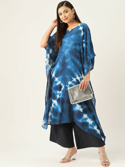 Blue Bandhani Dyed Crepe Kaftan for Women – Flared Sleeves, Calf Length, Ethnic Kurta | Indiaista