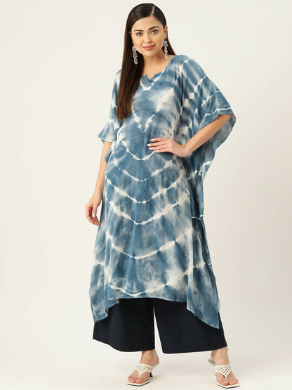 Blue & White Bandhani Dyed Kaftan for Women – Crepe Fabric, Flared Sleeves, Calf Length | Indiaista