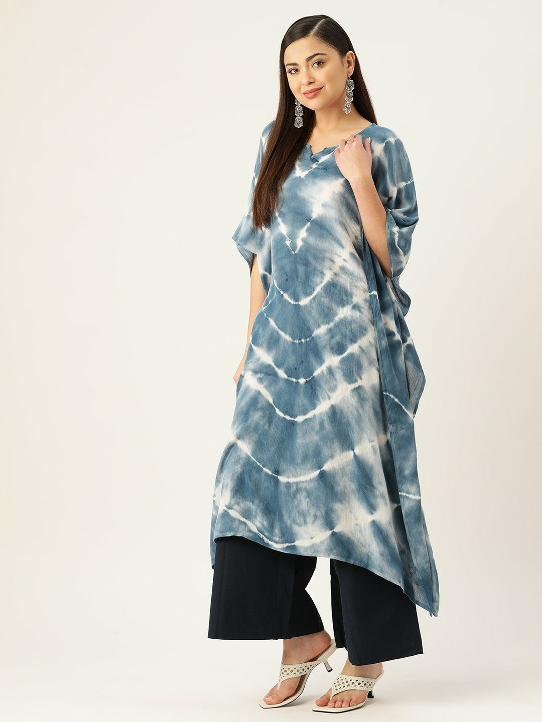 Blue & White Bandhani Dyed Kaftan for Women – Crepe Fabric, Flared Sleeves, Calf Length | Indiaista