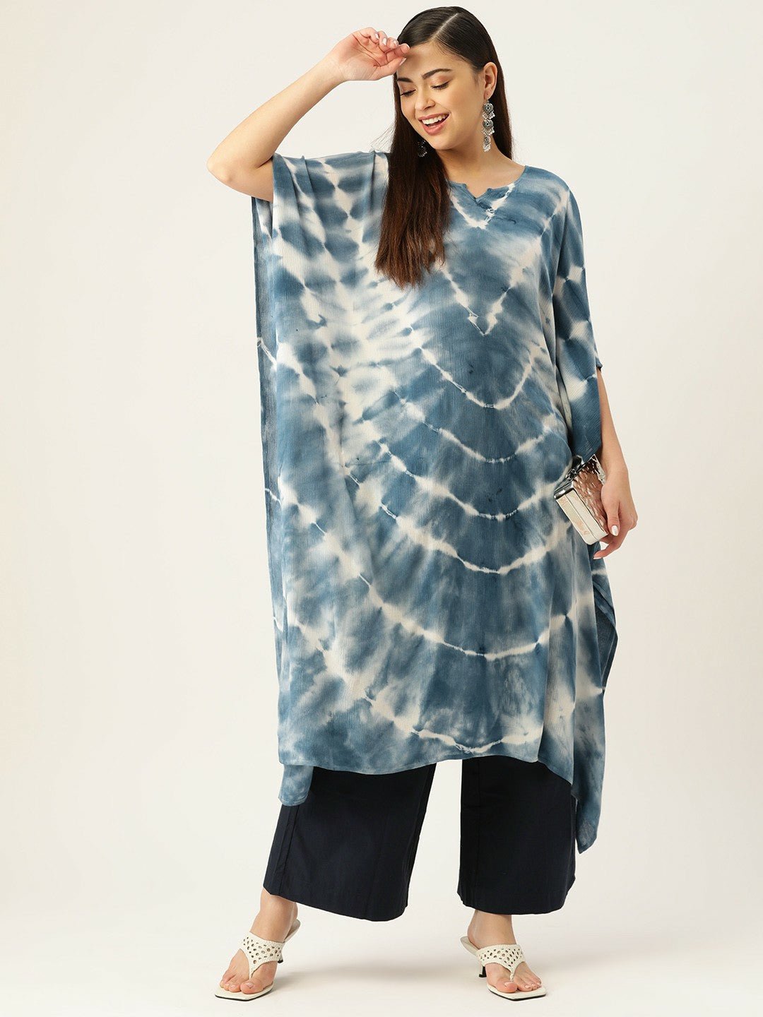 Blue & White Bandhani Dyed Kaftan for Women – Crepe Fabric, Flared Sleeves, Calf Length | Indiaista