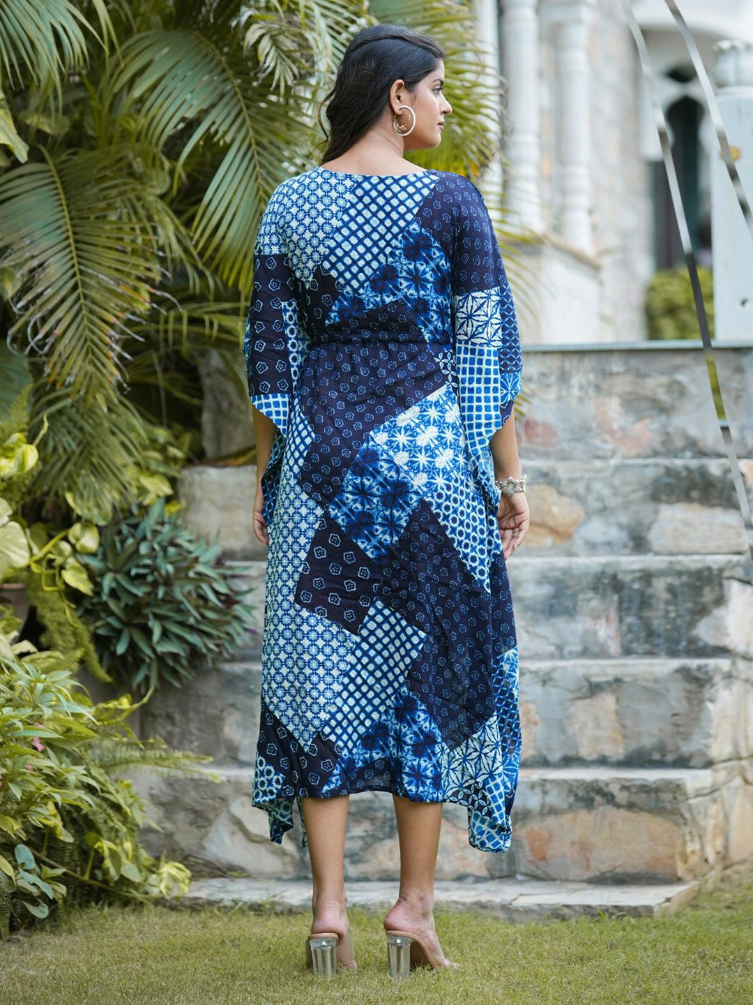 Blue Abstract Print Kaftan Dress for Women – Midi Length, Kimono Sleeves | Indiaista