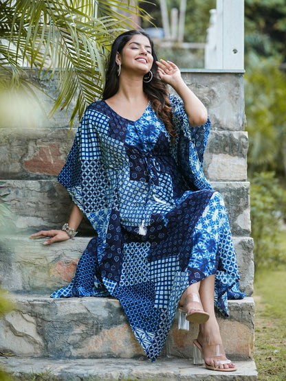 Blue Abstract Print Kaftan Dress for Women – Midi Length, Kimono Sleeves | Indiaista