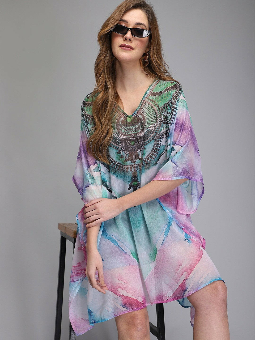 Multicoloured & Grey Abstract Print Kaftan Dress for Women – V-Neck, Flared Sleeves, High-Low Hem | Indiaista