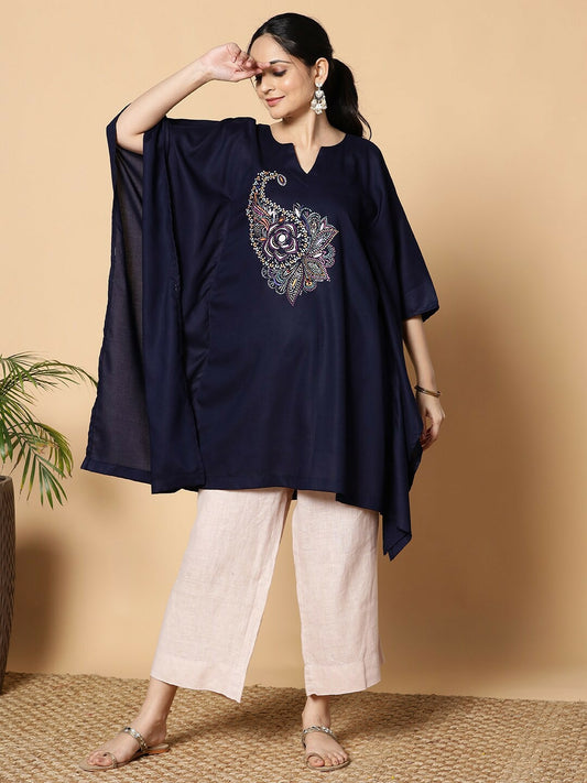 Navy Blue & White Paisley Printed Kaftan for Women – Viscose Rayon, Asymmetric Hem | Indiaista