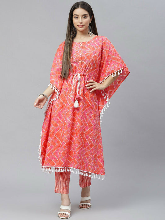 Peach Geometric Printed Cotton Kaftan for Women – Flared Sleeves, Calf Length | Indiaista