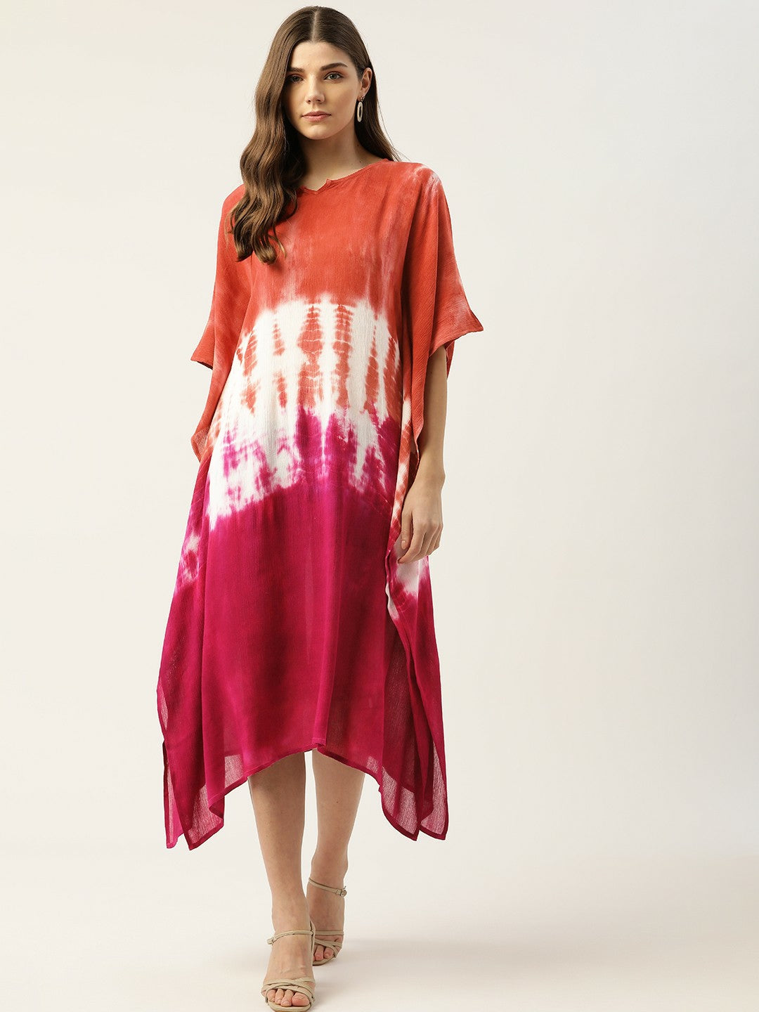 Brown & Pink Tie-Dye Kaftan Dress for Women – Midi Length, Crepe Fabric | Indiaista