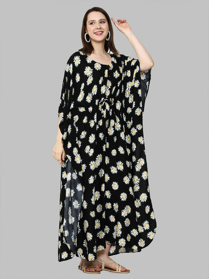 Black & Yellow Floral Printed Kaftan Maternity Dress – Maxi Length, Flared Sleeves | Indiaista