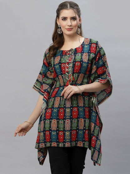 Women’s Blue & Red Ethnic Printed Kaftan Kurti – Sequinned, Asymmetric Hem | Indiaista