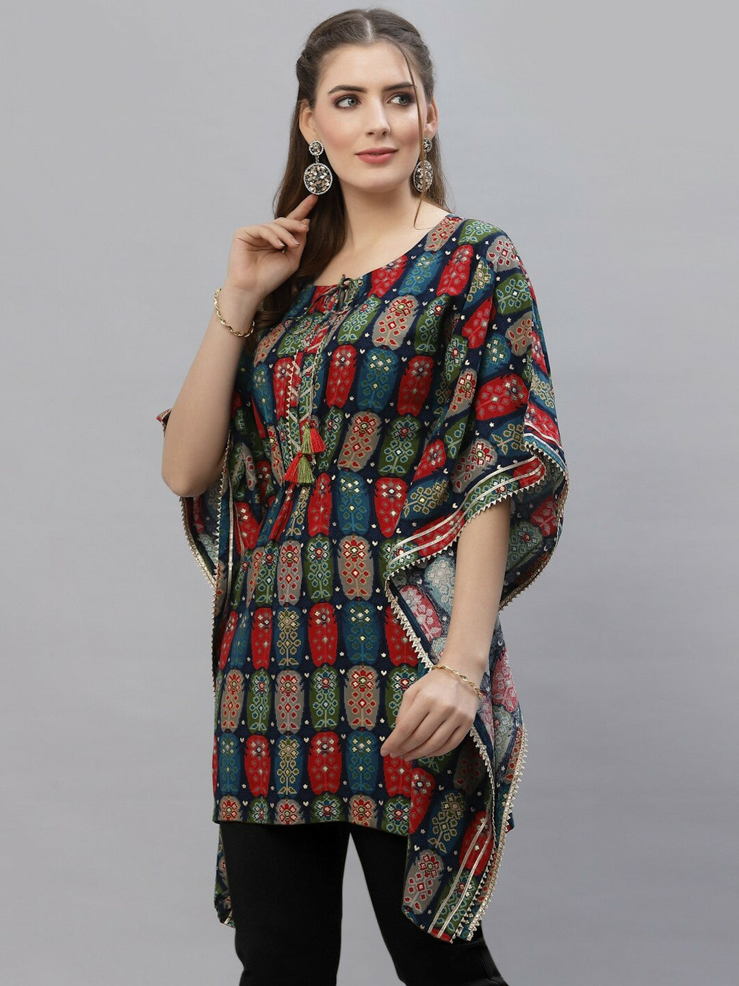 Women’s Blue & Red Ethnic Printed Kaftan Kurti – Sequinned, Asymmetric Hem | Indiaista