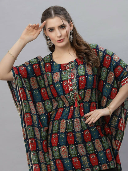 Women’s Blue & Red Ethnic Printed Kaftan Kurti – Sequinned, Asymmetric Hem | Indiaista