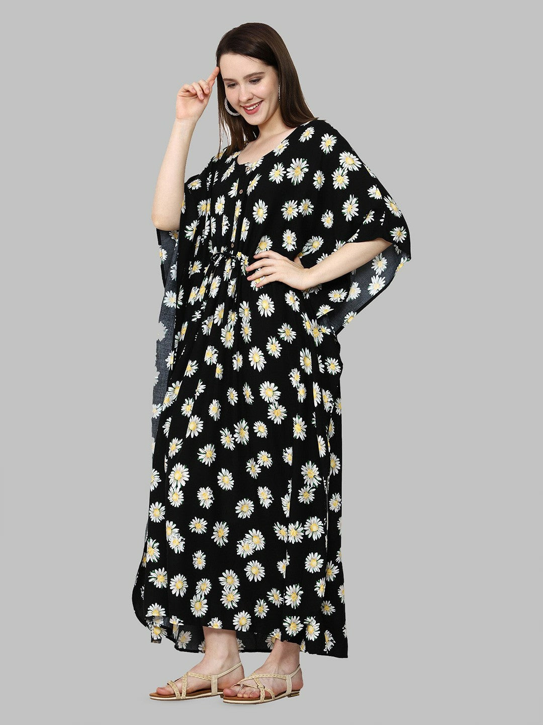 Black & Yellow Floral Printed Kaftan Maternity Dress – Maxi Length, Flared Sleeves | Indiaista