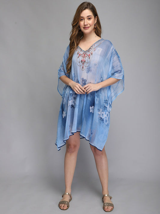 Blue Ethnic Motifs Kaftan Dress for Women – V-Neck, Kimono Sleeves, Knee-Length | Indiaista