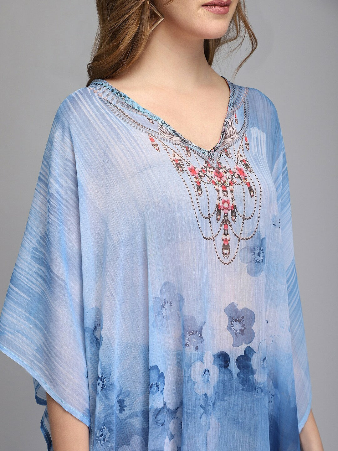 Blue Ethnic Motifs Kaftan Dress for Women – V-Neck, Kimono Sleeves, Knee-Length | Indiaista