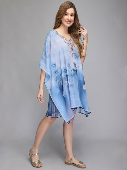 Blue Ethnic Motifs Kaftan Dress for Women – V-Neck, Kimono Sleeves, Knee-Length | Indiaista