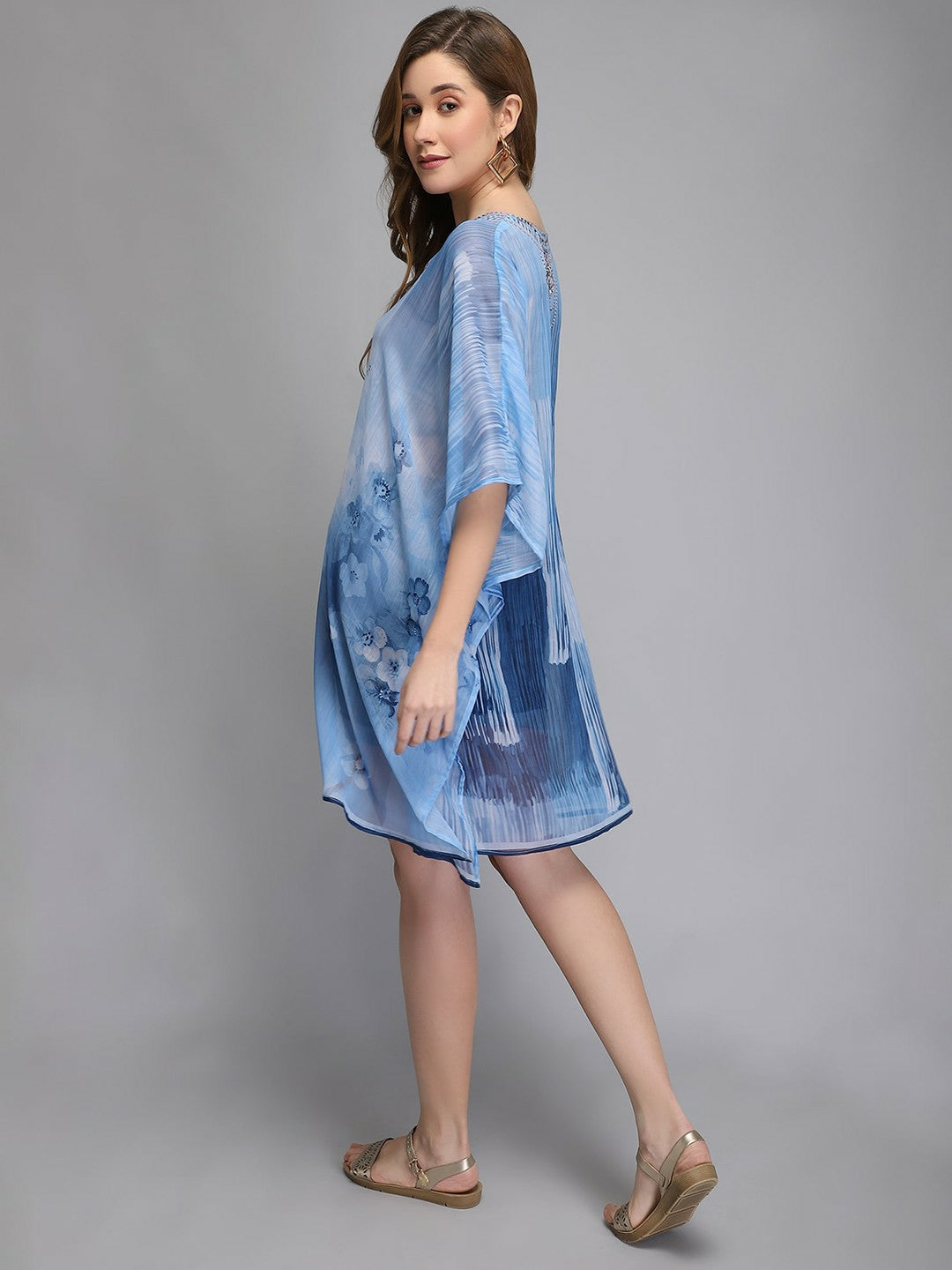 Blue Ethnic Motifs Kaftan Dress for Women – V-Neck, Kimono Sleeves, Knee-Length | Indiaista