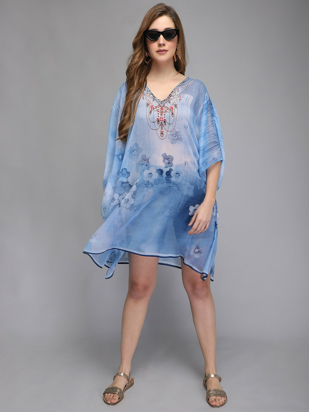 Blue Ethnic Motifs Kaftan Dress for Women – V-Neck, Kimono Sleeves, Knee-Length | Indiaista