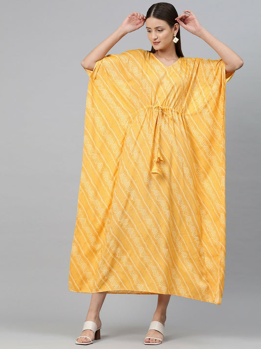 Yellow Ethnic Motif Print Kaftan Dress for Women – V-Neck, Maxi Length, Kimono Sleeves | Indiaista