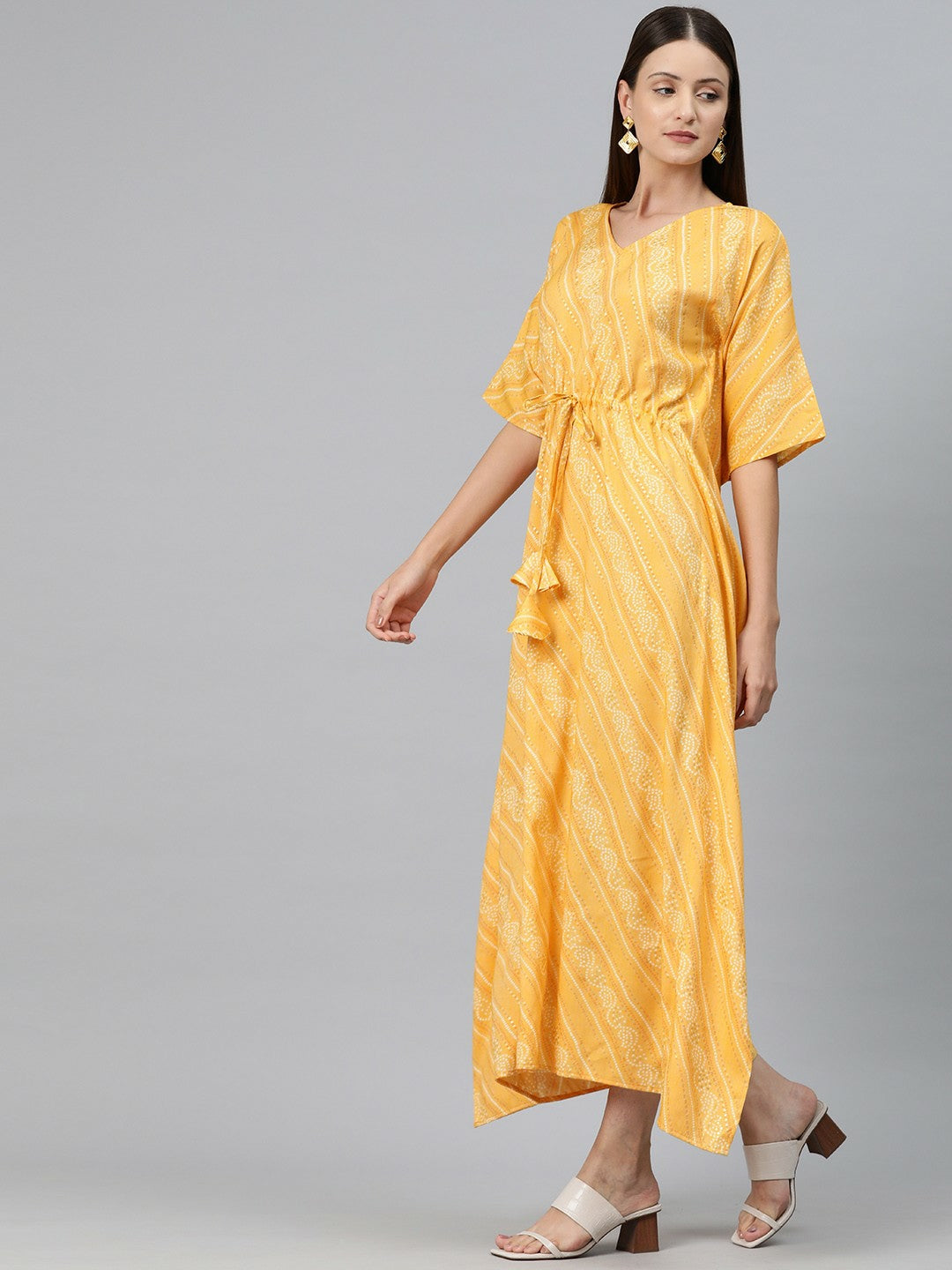 Yellow Ethnic Motif Print Kaftan Dress for Women – V-Neck, Maxi Length, Kimono Sleeves | Indiaista