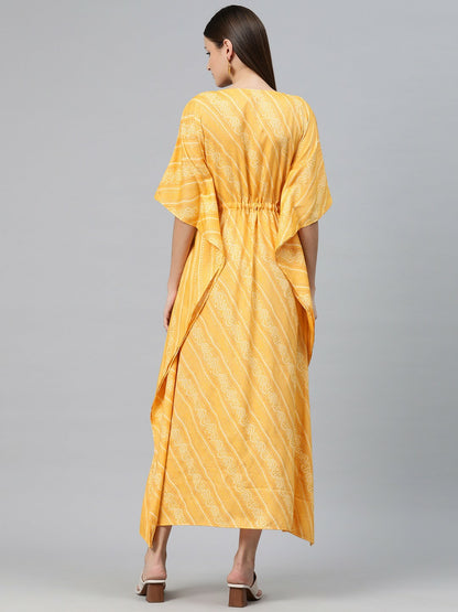 Yellow Ethnic Motif Print Kaftan Dress for Women – V-Neck, Maxi Length, Kimono Sleeves | Indiaista