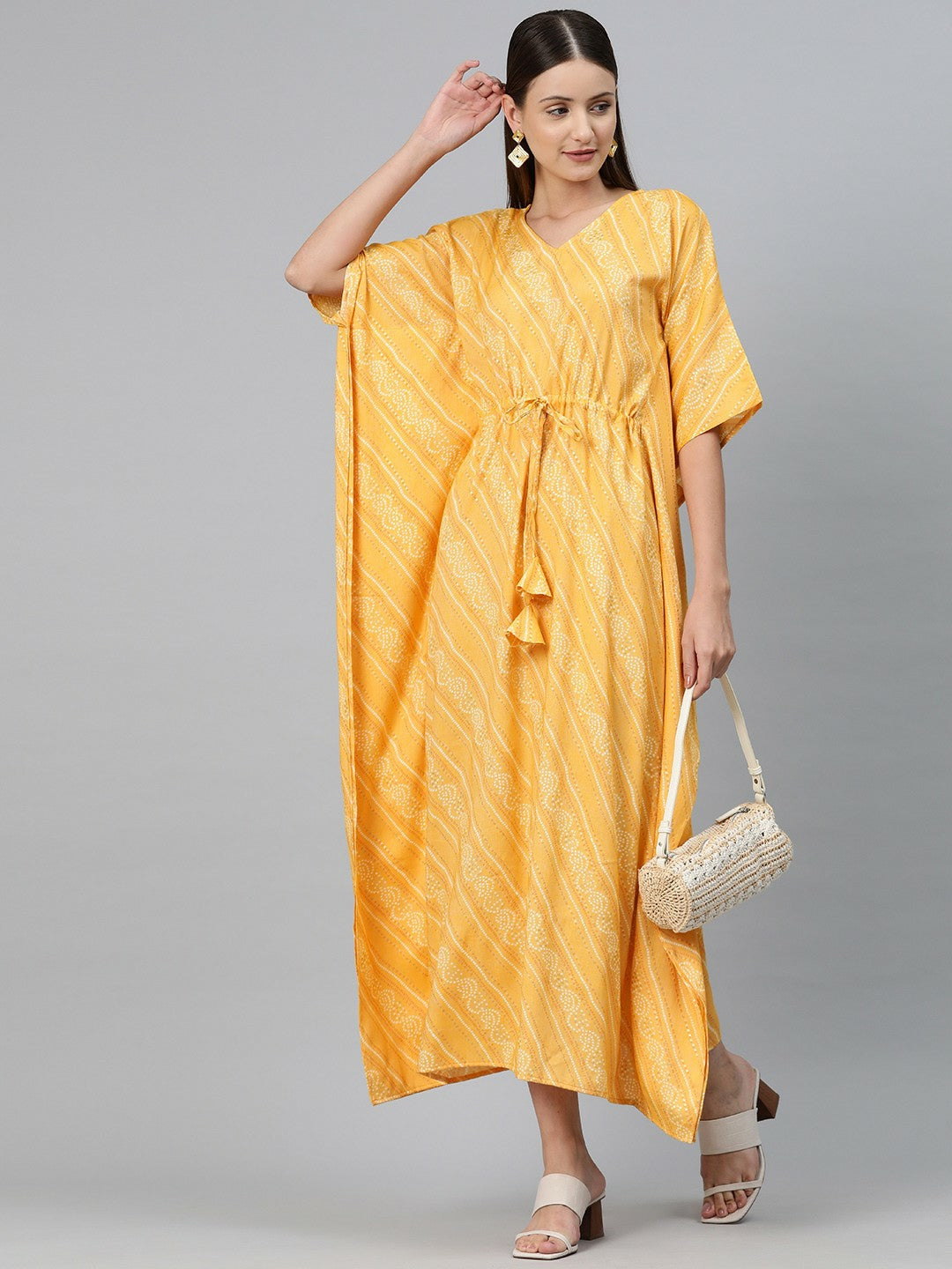 Yellow Ethnic Motif Print Kaftan Dress for Women – V-Neck, Maxi Length, Kimono Sleeves | Indiaista