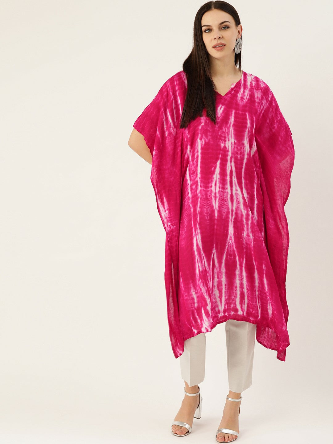 Women’s Pink & White Hand-Dyed Kaftan Kurta – Asymmetric Hem, Viscose Crepe | Indiaista