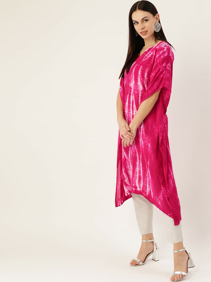 Women’s Pink & White Hand-Dyed Kaftan Kurta – Asymmetric Hem, Viscose Crepe | Indiaista