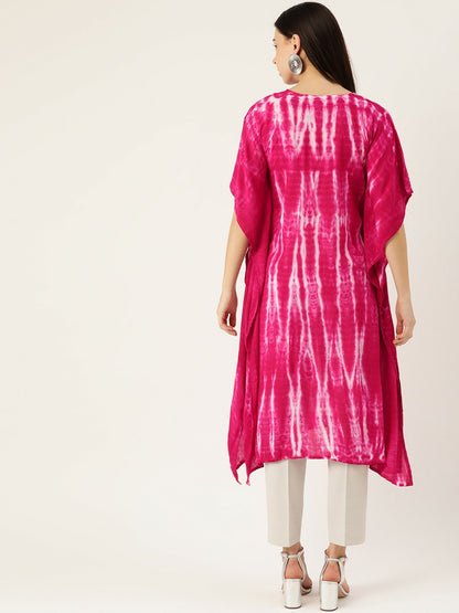 Women’s Pink & White Hand-Dyed Kaftan Kurta – Asymmetric Hem, Viscose Crepe | Indiaista