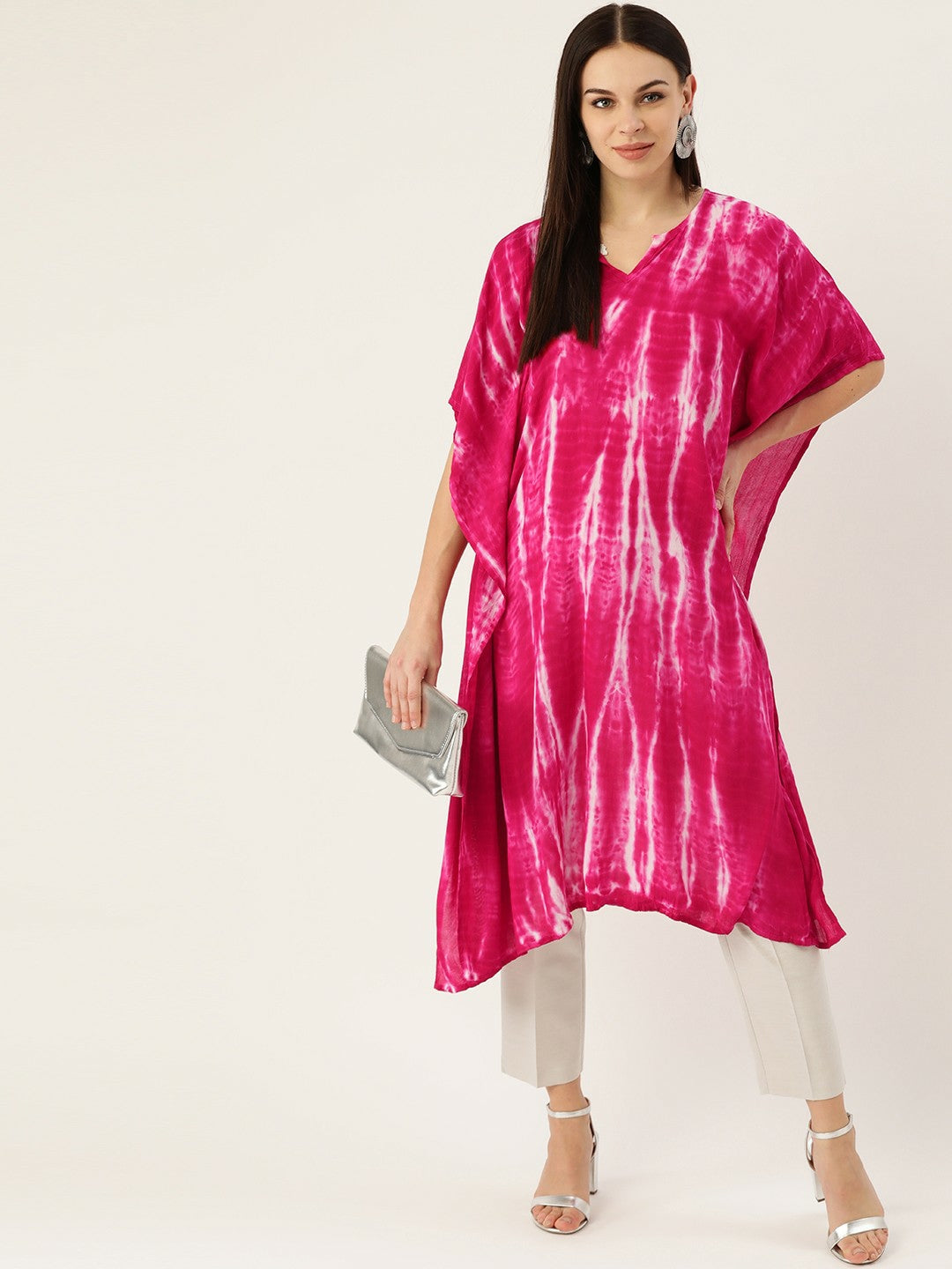 Women’s Pink & White Hand-Dyed Kaftan Kurta – Asymmetric Hem, Viscose Crepe | Indiaista