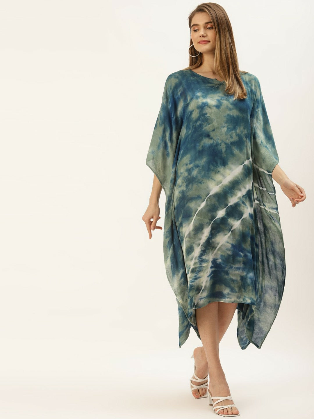 Blue & Green Tie-Dye Kaftan Dress for Women – Midi Length, Kimono Sleeves | Indiaista