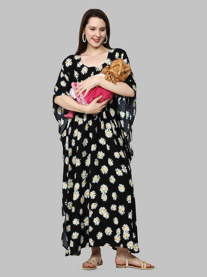 Black & Yellow Floral Printed Kaftan Maternity Dress – Maxi Length, Flared Sleeves | Indiaista