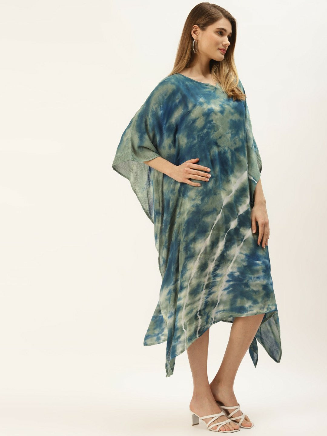 Blue & Green Tie-Dye Kaftan Dress for Women – Midi Length, Kimono Sleeves | Indiaista