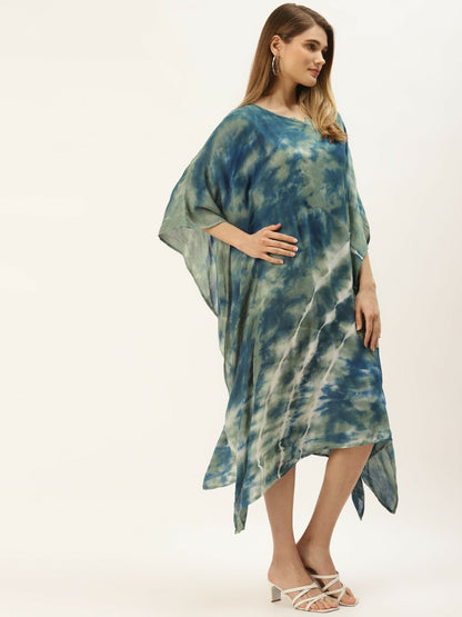 Blue & Green Tie-Dye Kaftan Dress for Women – Midi Length, Kimono Sleeves | Indiaista