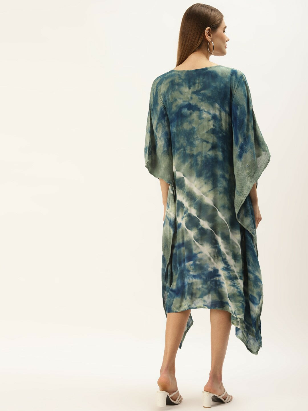 Blue & Green Tie-Dye Kaftan Dress for Women – Midi Length, Kimono Sleeves | Indiaista