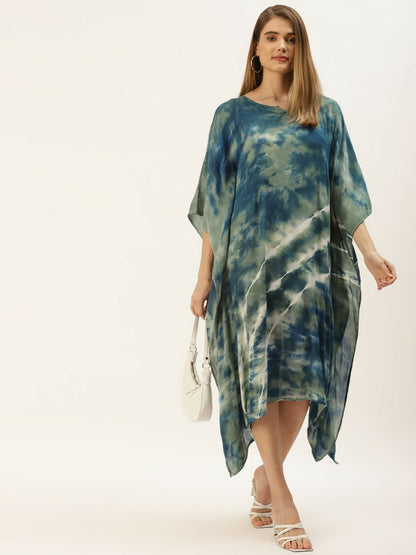 Blue & Green Tie-Dye Kaftan Dress for Women – Midi Length, Kimono Sleeves | Indiaista